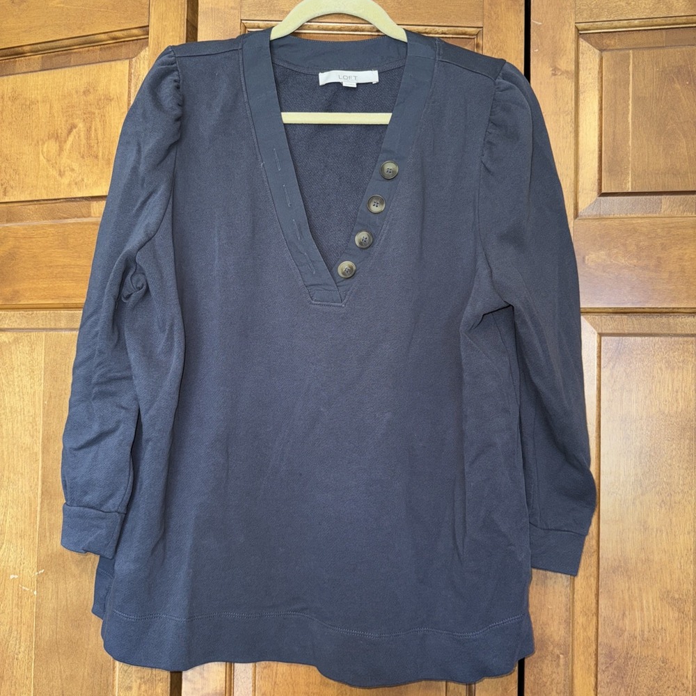 LOFT Women's Stretch 100% Cotton Long Sleeve Button V-Neck Slate Gray Size XL
